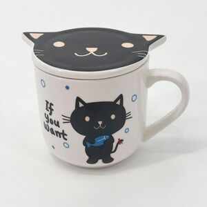 Cute Kitty Black Cat Coffee Mug with Lid, "If You Want" Design, Wide Ceramic Cup